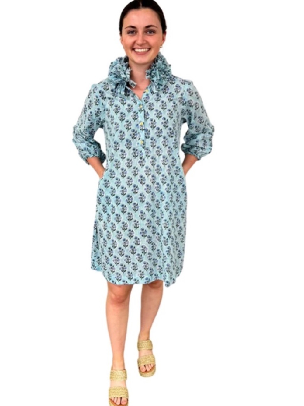 LIZA BYRD Maria Ruffle Neck Dress in Aqua Floral Hand Blocked Cotton, NWT